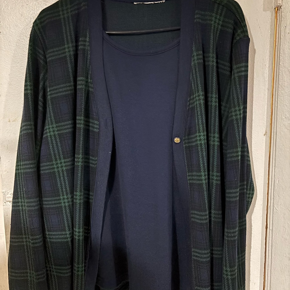 Plaid Green and Navy Cardigan